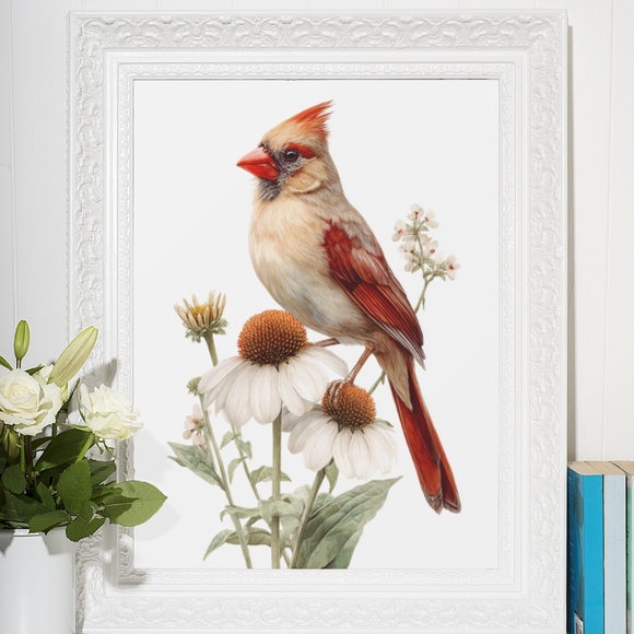 Watercolor Female Cardinal Bird with Flowers Wall Art Print Unframed - Picture 6 of 7
